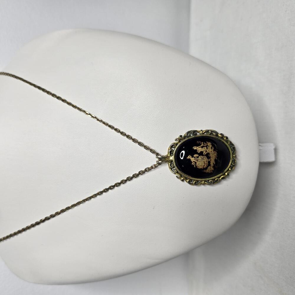 Vintage Limoges Porcelain Pendant Necklace Castel France Black Gold Courting 20"